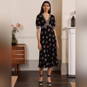 Boden Short Puff Sleeve Eva Jersey Midi A-line In Black With Floral Trim Size 8R